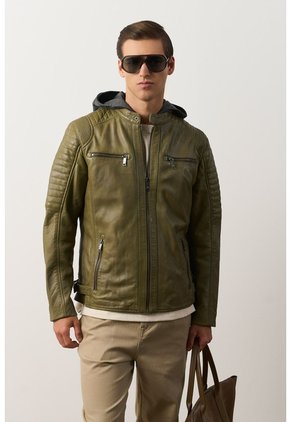 Chaqueta Belmont De Cuero Para Hombre Capucha Y Pechera Chaqueta Belmont De Cuero Para Hombre Capucha Y Pechera Verde Oliva M VÉLEZ