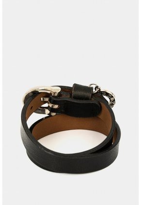 Manilla Dos Vueltas Liquenes De Cuero Para Mujer Dije Metálico Negro