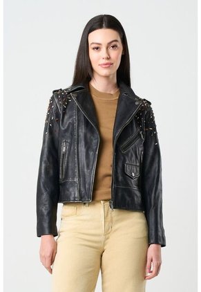 Chaqueta Biker De Cuero Para Mujer Cristales Chaqueta Biker De Cuero Para Mujer Cristales Negro Perlado S VÉLEZ
