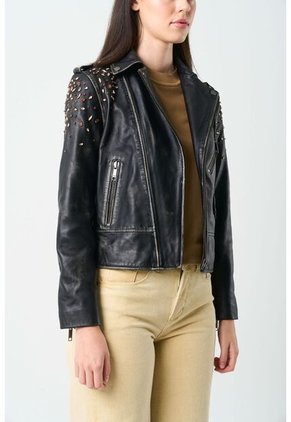 Chaqueta Biker De Cuero Para Mujer Cristales Chaqueta Biker De Cuero Para Mujer Cristales Negro Perlado S VÉLEZ