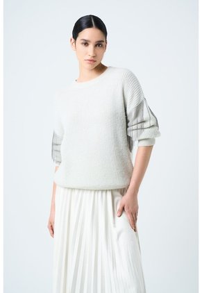 Sweater Draco Tejido Para Mujer Detalle Flecos Y Millaré Sweater Draco Tejido Para Mujer Detalle Flecos Y Millaré Crema L VÉLEZ