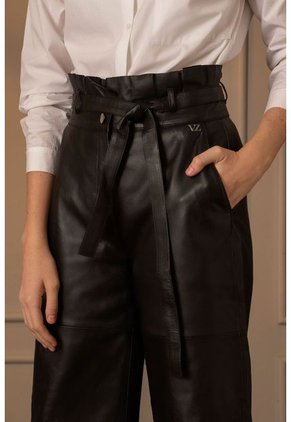 Pantalón Wide Leg De Cuero Para Mujer Cinturón De Cuero Negro