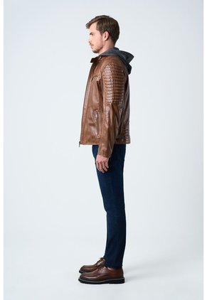Chaqueta Belmont De Cuero Para Hombre Capucha Y Pechera Chaqueta Belmont De Cuero Para Hombre Capucha Y Pechera Miel M VÉLEZ