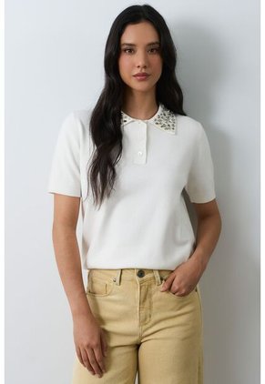 Polo Tejida Manga Corta Para Mujer Almaris Polo Tejida Manga Corta Para Mujer Almaris Crema XL VÉLEZ