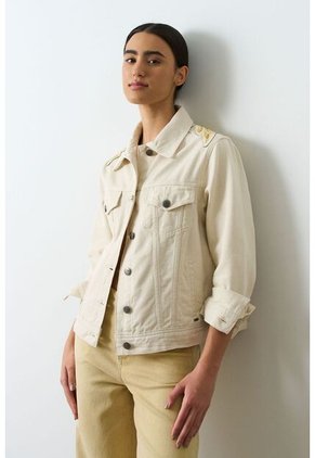 Chaqueta Circe Trucker En Black Denim Aplique Bordado Chaqueta Circe Trucker En Black Denim Aplique Bordado Crema M VÉLEZ