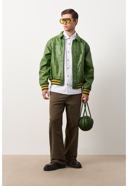 Chaqueta Bomber En Cuero Envejecido Para Hombre Chaqueta Bomber En Cuero Envejecido Para Hombre Verde M VÉLEZ