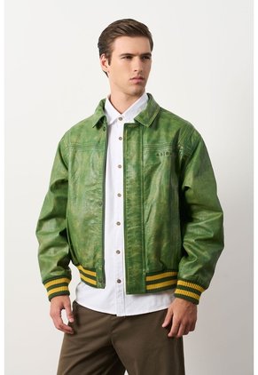 Chaqueta Bomber En Cuero Envejecido Para Hombre Chaqueta Bomber En Cuero Envejecido Para Hombre Verde M VÉLEZ