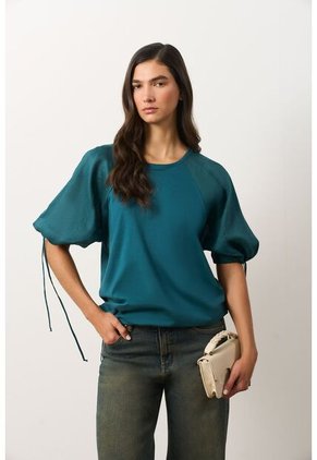 Camiseta En Lino Y Tejido De Punto Para Mujer Gael Camiseta En Lino Y Tejido De Punto Para Mujer Gael Azul Aguamarina M VÉLEZ