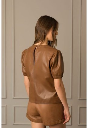 Camisa Ambar En Cuero Para Mujer Manga Corta Con Elástico En Puños