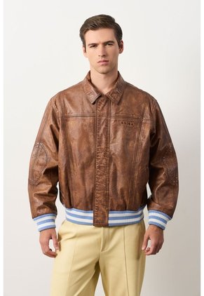 Chaqueta Bomber En Cuero Envejecido Para Hombre Chaqueta Bomber En Cuero Envejecido Para Hombre Cafe S VÉLEZ
