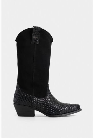 Botas Gobi De Cuero Liso Y Gamuza Para Mujer Chapetas Tejidas Botas Gobi De Cuero Liso Y Gamuza Para Mujer Chapetas Tejidas Negro 36 VÉLEZ Vélez