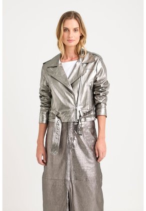 Chaqueta Biker Thaila De Cuero Para Mujer Acabado Metalizado Chaqueta Biker Thaila De Cuero Para Mujer Acabado Metalizado Plata L VÉLEZ