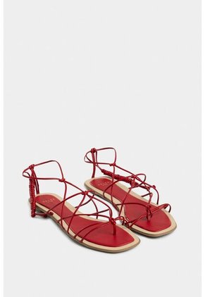 Sandalia Plana Geranio De Cuero Folia Para Mujer Amarre Al Tobillo Sandalia Plana Geranio De Cuero Folia Para Mujer Amarre Al Tobillo Rojo 37 VÉLEZ