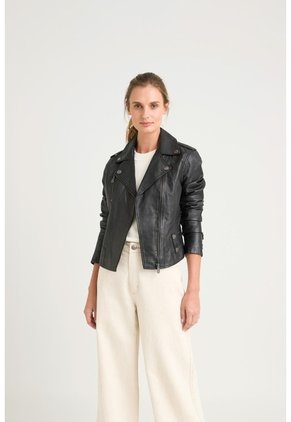 Chaqueta Biker De Cuero Para Mujer Charreteras Negro Chaqueta Biker De Cuero Para Mujer Charreteras Negro XX VÉLEZ