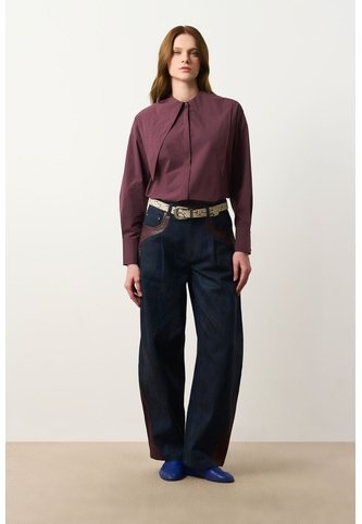 Jean Barrel En Denim Y Cuero Para Mujer Jean Barrel En Denim Y Cuero Para Mujer Vinotinto 10 VÉLEZ Vélez