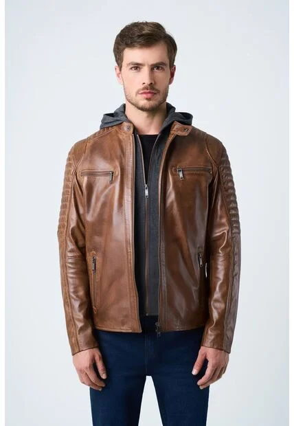 Chaqueta Belmont De Cuero Para Hombre Capucha Y Pechera Chaqueta Belmont De Cuero Para Hombre Capucha Y Pechera Miel XXL VÉLEZ
