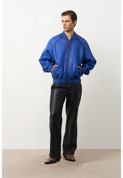 Chaqueta Bomber En Cuero Texturizado Para Hombre Calypso Chaqueta Bomber En Cuero Texturizado Para Hombre Calypso Azul XL VÉLEZ