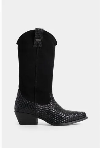 Botas Gobi De Cuero Liso Y Gamuza Para Mujer Chapetas Tejidas Botas Gobi De Cuero Liso Y Gamuza Para Mujer Chapetas Tejidas Negro 35 VÉLEZ Vélez