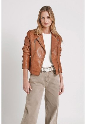 Chaqueta Biker Natura De Cuero Para Mujer Semi Ajustada Chaqueta Biker Natura De Cuero Para Mujer Semi Ajustada Miel M VÉLEZ