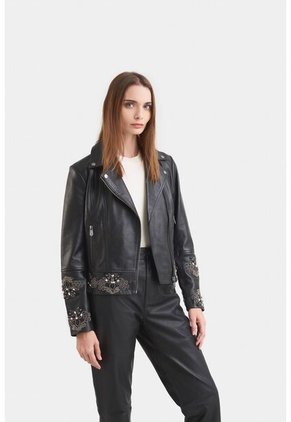 Biker Iris De Cuero Para Mujer Detalles Bordados Con Pedrería Biker Iris De Cuero Para Mujer Detalles Bordados Con Pedrería Negro XXL VÉLEZ