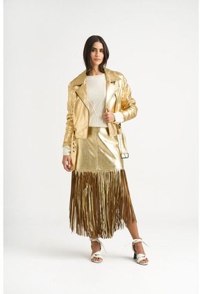 Chaqueta Biker Thaila De Cuero Para Mujer Acabado Metalizado Chaqueta Biker Thaila De Cuero Para Mujer Acabado Metalizado Dorado L VÉLEZ