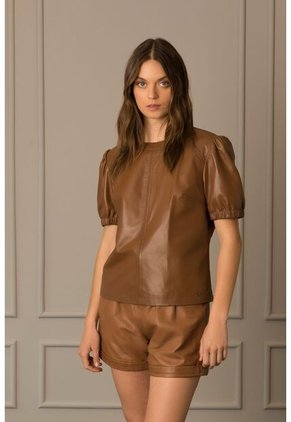 Camisa Ambar En Cuero Para Mujer Manga Corta Con Elástico En Puños