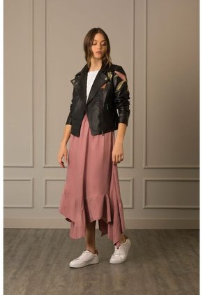 Chaqueta Biker De Cuero Para Mujer Bordado Jardín