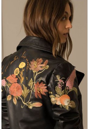 Chaqueta Biker De Cuero Para Mujer Bordado Jardín