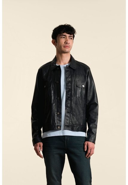 Chaqueta Trucker Paraná De Cuero Para Hombre Corte Clásico Chaqueta Trucker Paraná De Cuero Para Hombre Corte Clásico Negro L VÉLEZ