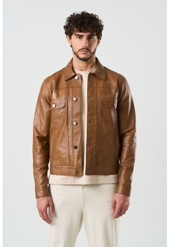 Chaqueta Trucker Paraná De Cuero Para Hombre Corte Clásico Chaqueta Trucker Paraná De Cuero Para Hombre Corte Clásico Miel XL VÉLEZ Vélez