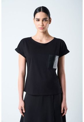 Camiseta Manga Corta Para Mujer Bolsillo Cuero Camiseta Manga Corta Para Mujer Bolsillo Cuero Negro L VÉLEZ