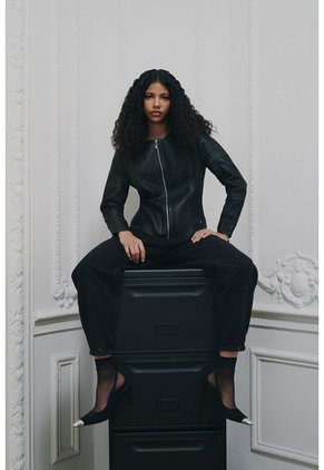 Chaqueta De Cuero Tejido Para Mujer Woven Chaqueta De Cuero Tejido Para Mujer Woven Negro L VÉLEZ