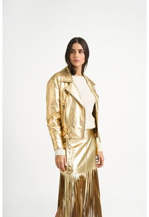 Chaqueta Biker Thaila De Cuero Para Mujer Acabado Metalizado Chaqueta Biker Thaila De Cuero Para Mujer Acabado Metalizado Dorado XL VÉLEZ