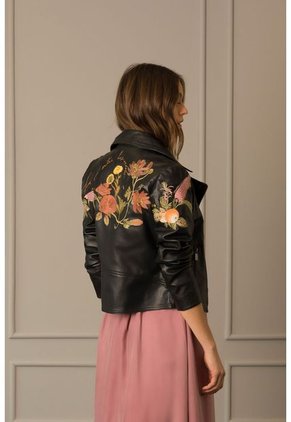 Chaqueta Biker De Cuero Para Mujer Bordado Jardín