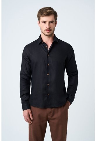 Camisa Manga Larga En Lino Para Hombre Silueta Semi Ajustada Camisa Manga Larga En Lino Para Hombre Silueta Semi Ajustada Negro M VÉLEZ Vélez