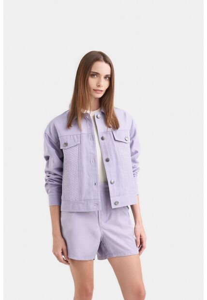 Chaqueta Calas En Denim Rígido Para Mujer Detalles Cuero Chaqueta Calas En Denim Rígido Para Mujer Detalles Cuero Lila S VÉLEZ
