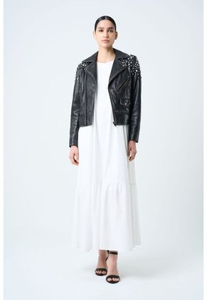 Chaqueta Biker De Cuero Para Mujer Cristales Chaqueta Biker De Cuero Para Mujer Cristales Negro L VÉLEZ