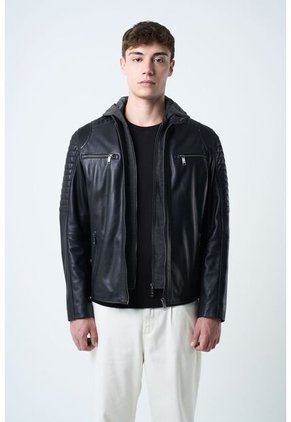 Chaqueta Belmont De Cuero Para Hombre Capucha Y Pechera Chaqueta Belmont De Cuero Para Hombre Capucha Y Pechera Negro XXL VÉLEZ