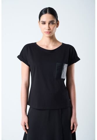 Camiseta Manga Corta Para Mujer Bolsillo Cuero Camiseta Manga Corta Para Mujer Bolsillo Cuero Negro XS VÉLEZ Vélez