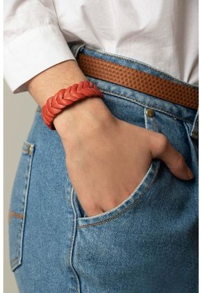 Manilla Zircon De Cuero Para Mujer Trenzado Artesanal Naranja