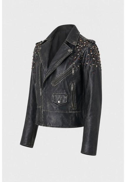 Chaqueta Biker De Cuero Para Mujer Cristales Chaqueta Biker De Cuero Para Mujer Cristales Negro Perlado XL VÉLEZ
