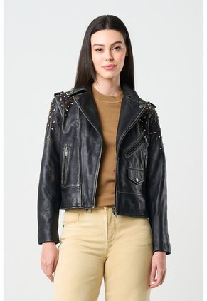 Chaqueta Biker De Cuero Para Mujer Cristales Chaqueta Biker De Cuero Para Mujer Cristales Negro Perlado XL VÉLEZ