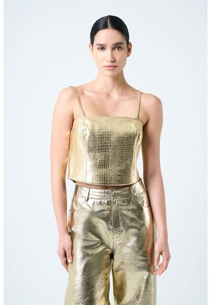 Crop Top De Cuero Folia Para Mujer Semi Ajustado Crop Top De Cuero Folia Para Mujer Semi Ajustado Dorado S VÉLEZ