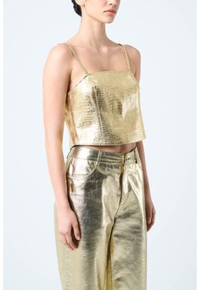 Crop Top De Cuero Folia Para Mujer Semi Ajustado Crop Top De Cuero Folia Para Mujer Semi Ajustado Dorado S VÉLEZ