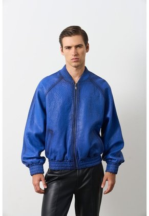 Chaqueta Bomber En Cuero Texturizado Para Hombre Calypso Chaqueta Bomber En Cuero Texturizado Para Hombre Calypso Azul XS VÉLEZ