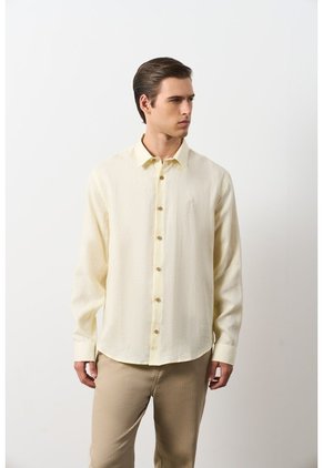 Camisa Manga Larga En Lino Para Hombre Silueta Semi Ajustada Camisa Manga Larga En Lino Para Hombre Silueta Semi Ajustada Amarillo XXL VÉLEZ