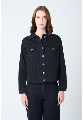 Chaqueta Circe Trucker En Black Denim Aplique Bordado Chaqueta Circe Trucker En Black Denim Aplique Bordado Negro L VÉLEZ