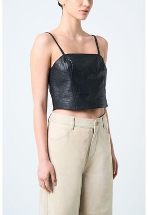 Crop Top De Cuero Folia Para Mujer Semi Ajustado Crop Top De Cuero Folia Para Mujer Semi Ajustado Negro S Vélez