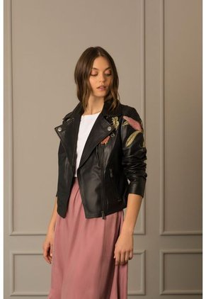 Chaqueta Biker De Cuero Para Mujer Bordado Jardín
