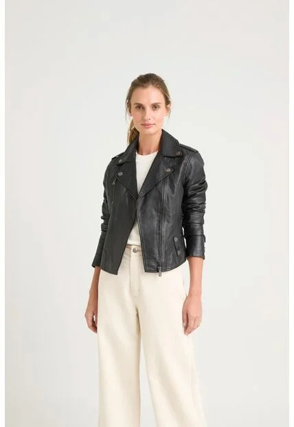 Chaqueta Biker De Cuero Para Mujer Charreteras Negro Chaqueta Biker De Cuero Para Mujer Charreteras Negro L VÉLEZ